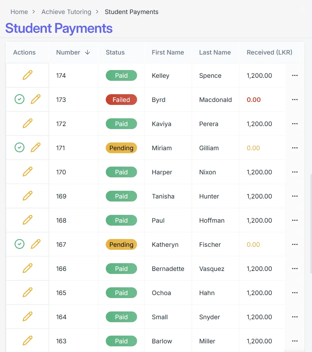 Payments page in the EvoGuru app